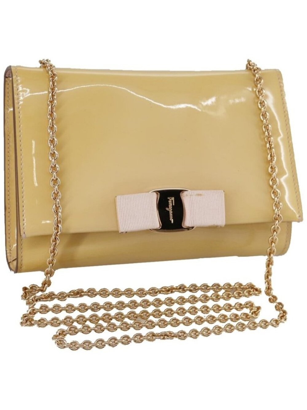 Authentic Salvatore Ferragamo Chain Shoulder Bag Enamel Yellow